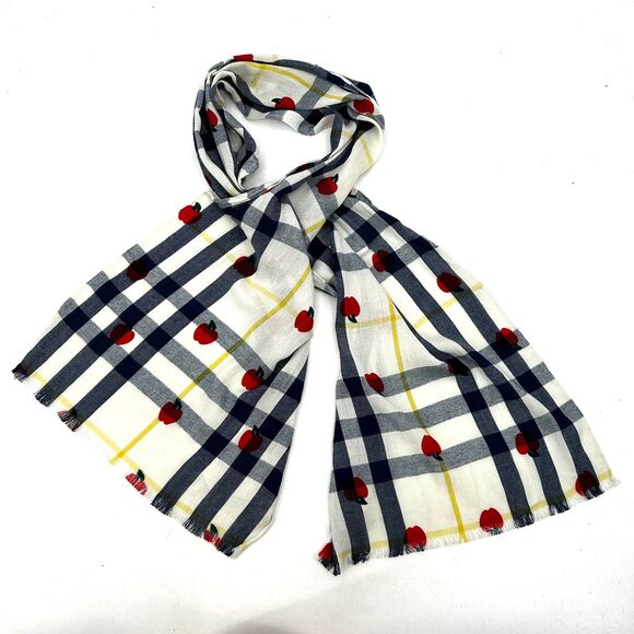 NWT TALBOTS White Blue Red Plaid School Apple Print Teacher Gift Cotton Scarf - Picture 1 of 3